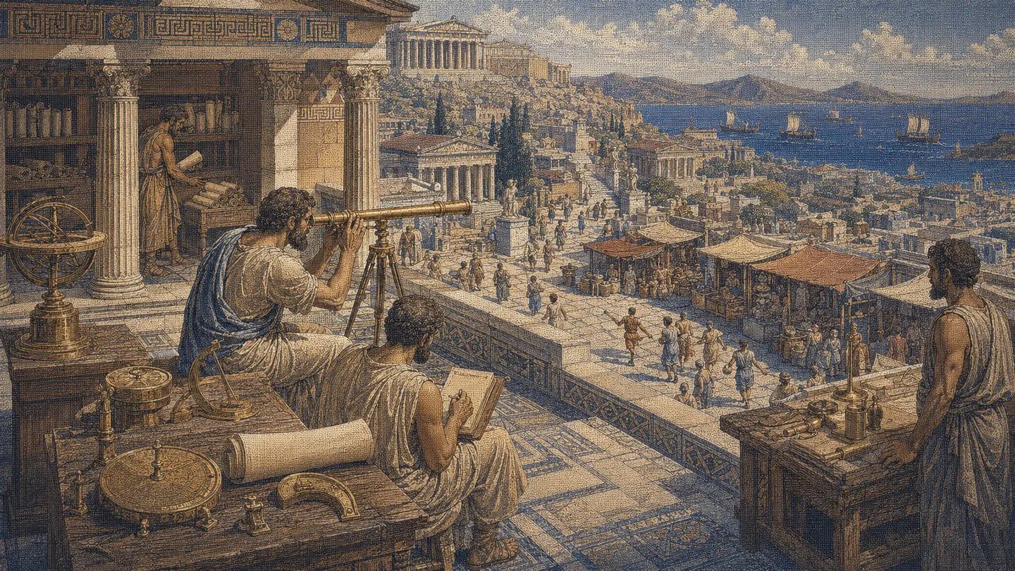 Greek editorial illustration for AI SEO Tools: What to Track Before You Buy