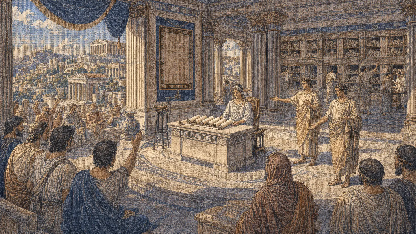 Greek editorial illustration for Answer Engine Optimization: AEO Explained