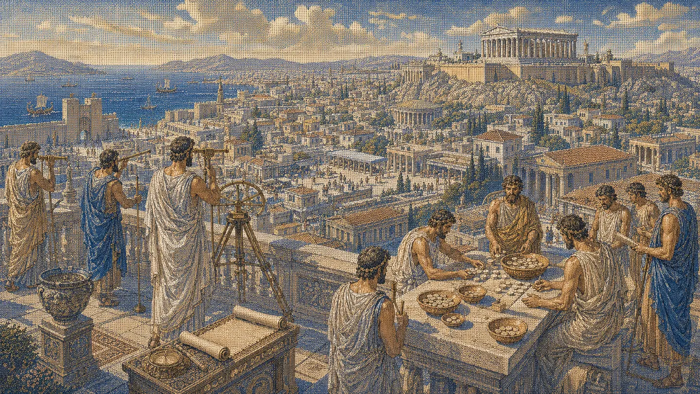 Greek editorial illustration for What Is AI Visibility? Metrics, Tests, and Examples