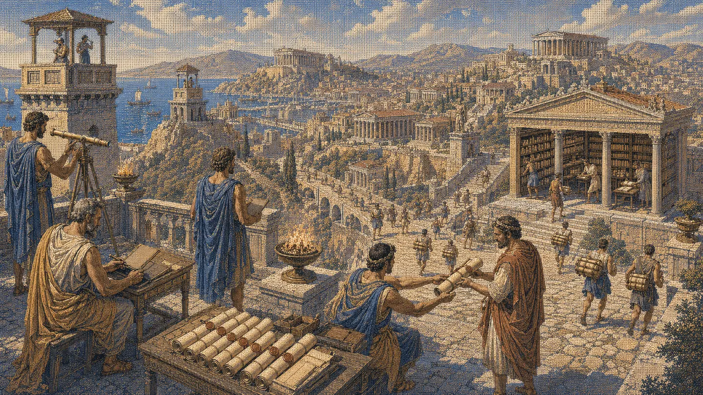 Greek editorial illustration for AI Visibility Tracker: Setup, Prompts, and Reporting