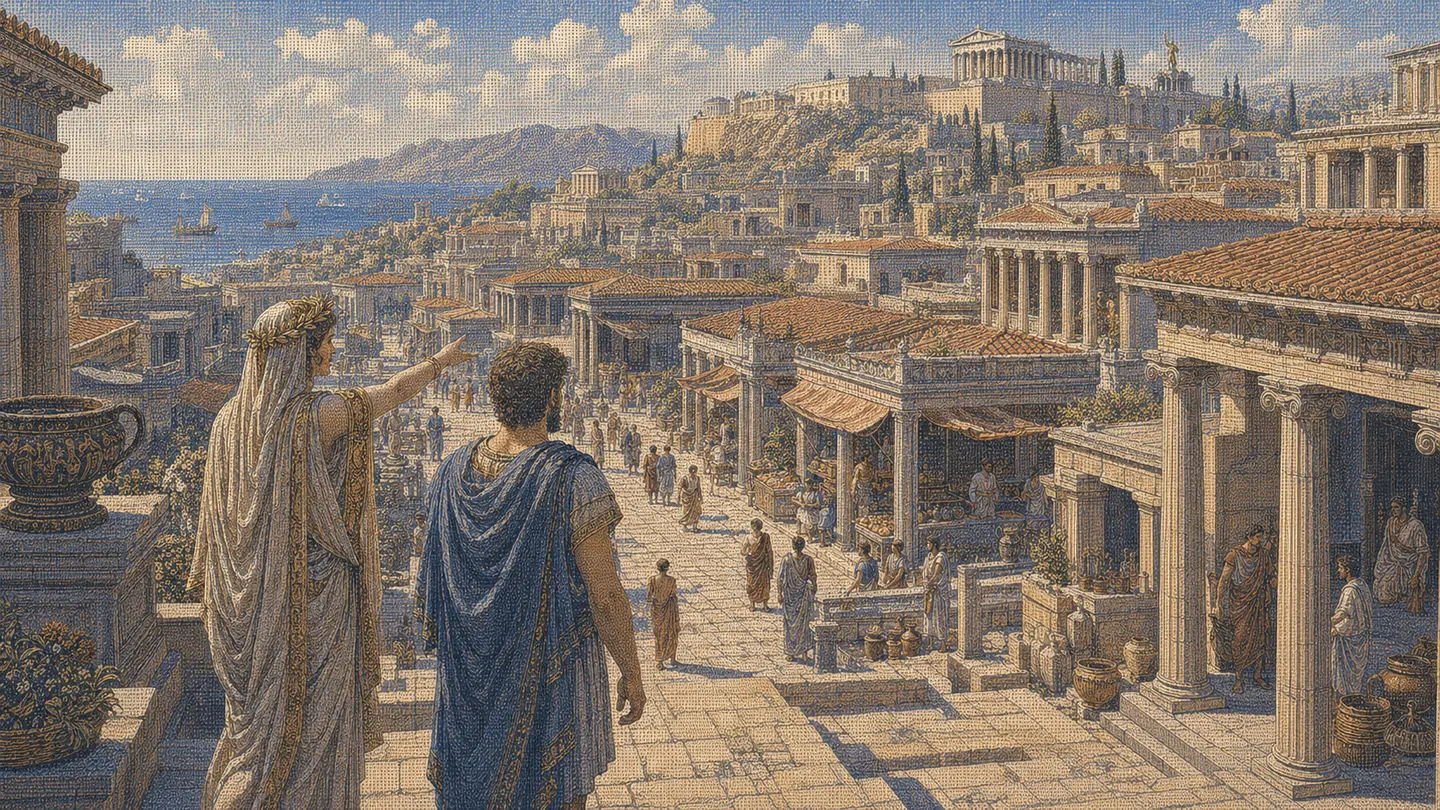 Greek editorial illustration for AI Brand Visibility: What Buyers See in Model Answers