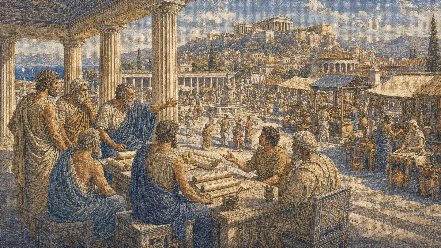 Greek editorial illustration for ChatGPT SEO: How Brands Enter Recommended Answers