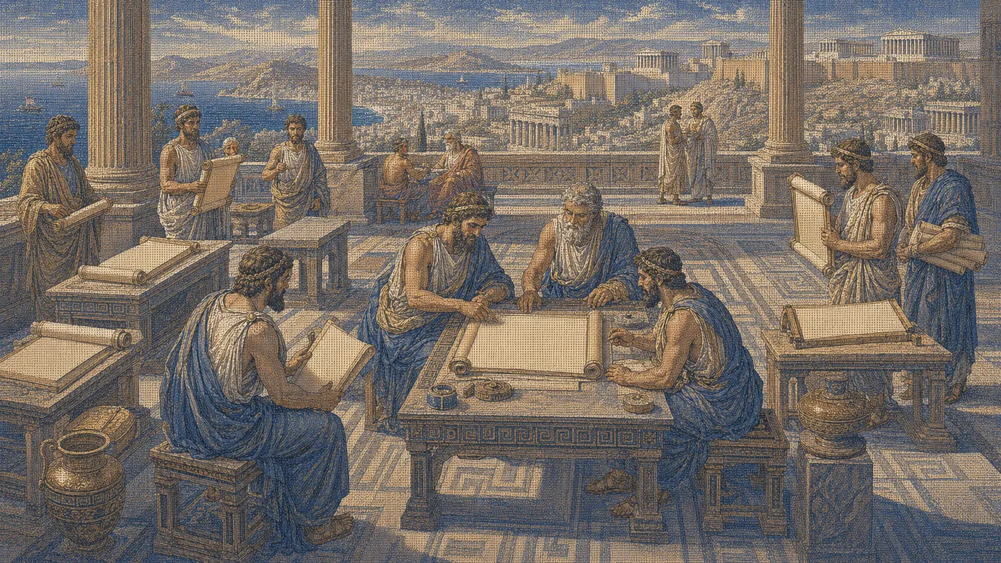 Greek editorial illustration for Google AI Overview SEO: How to Earn a Place in the Summary