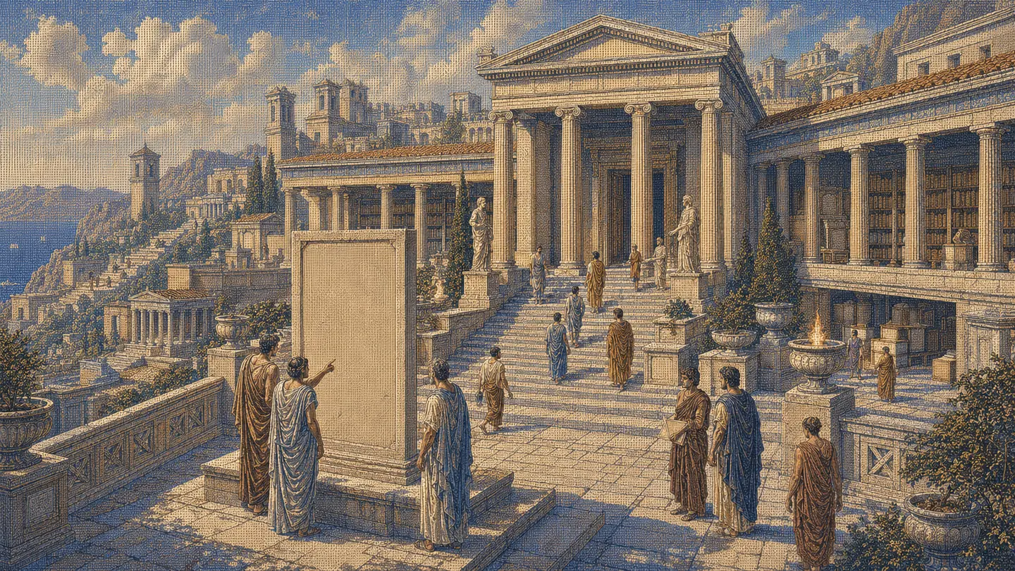 Greek editorial illustration for What Is llms.txt? Format, Uses, and Limits