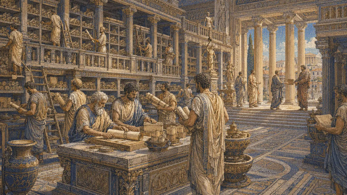 Greek editorial illustration for llms.txt Generator: What the File Should Contain