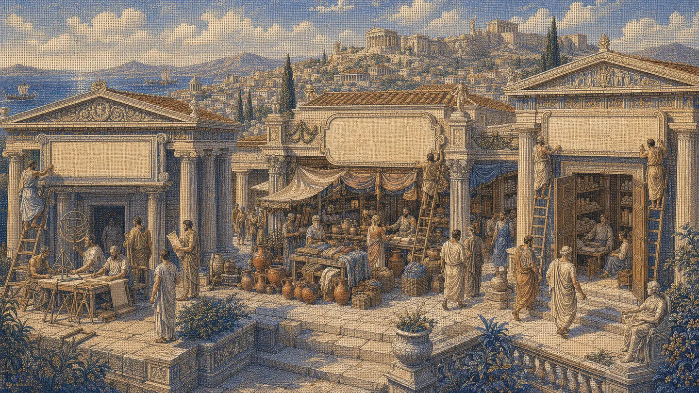 Greek editorial illustration for llms.txt Examples for SaaS, Ecommerce, and Publishers