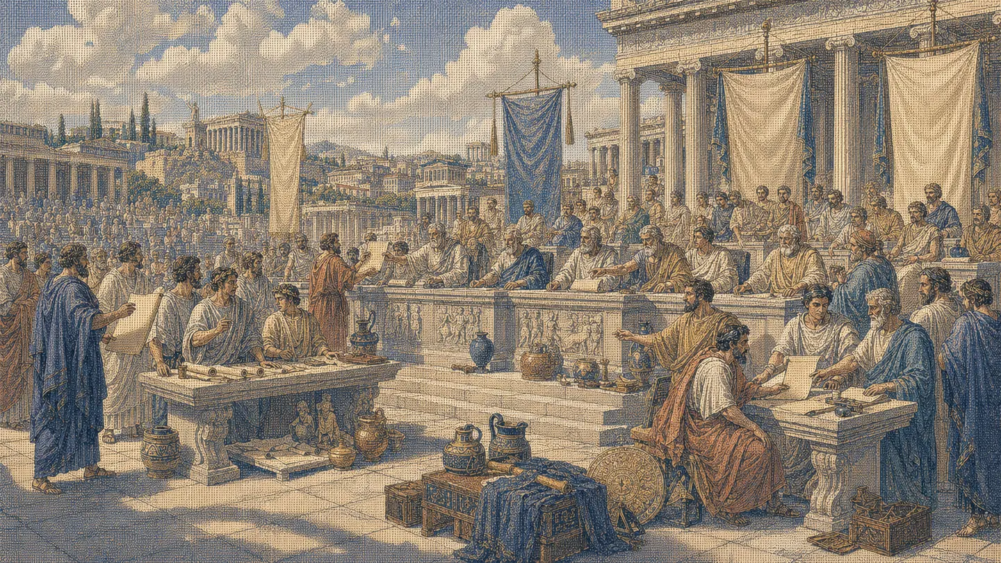 Greek editorial illustration for AI Search Competitor Analysis: Find Who Wins Each Answer