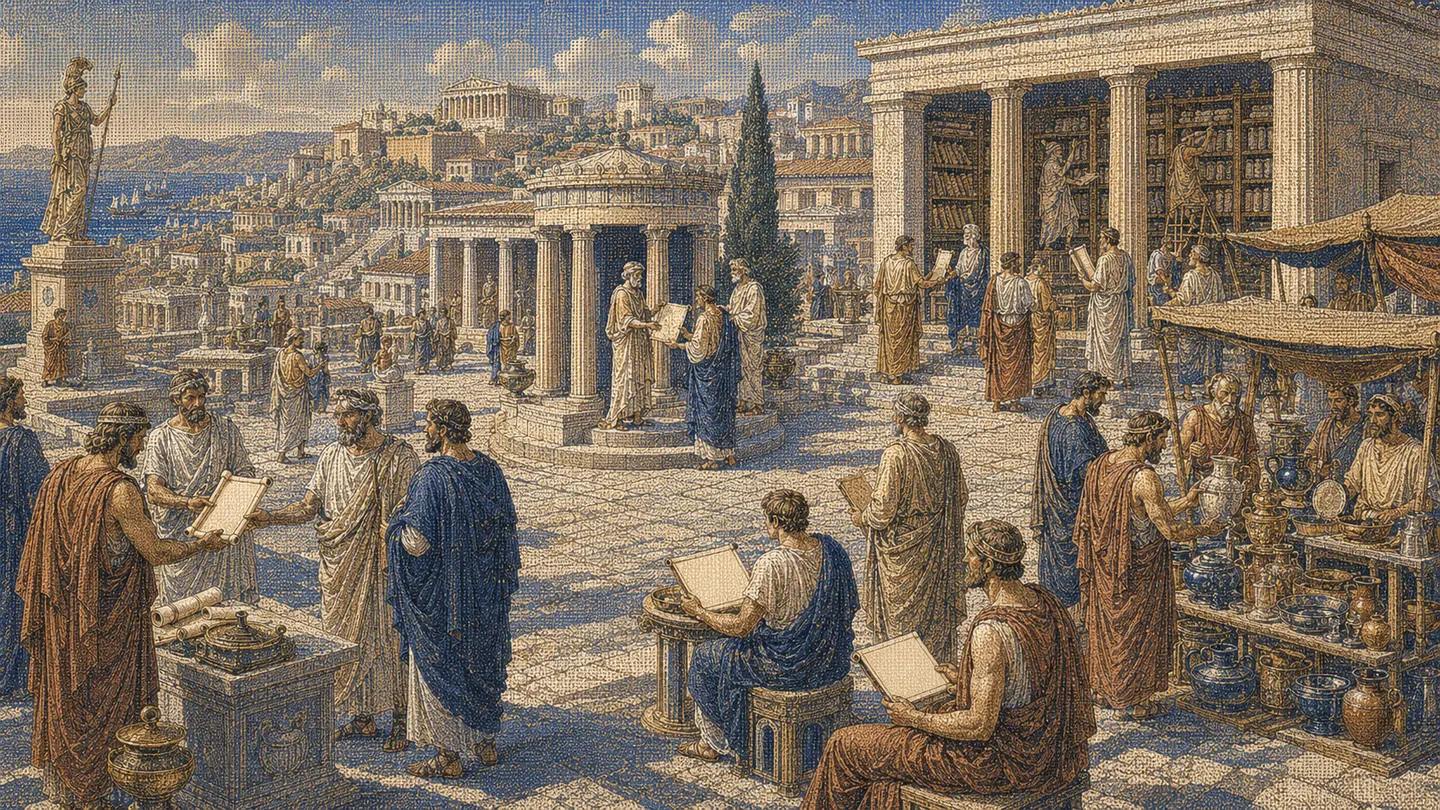 Greek editorial illustration for AI Visibility Audit: Prompts, Answers, Sources, and Rivals