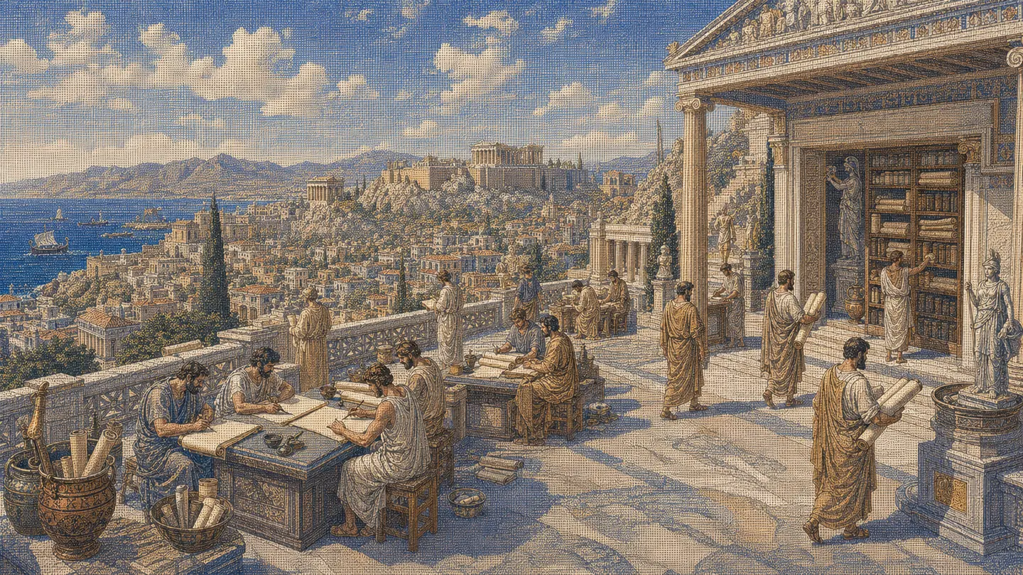 Greek editorial illustration for How to Write Content for AI Search Engines