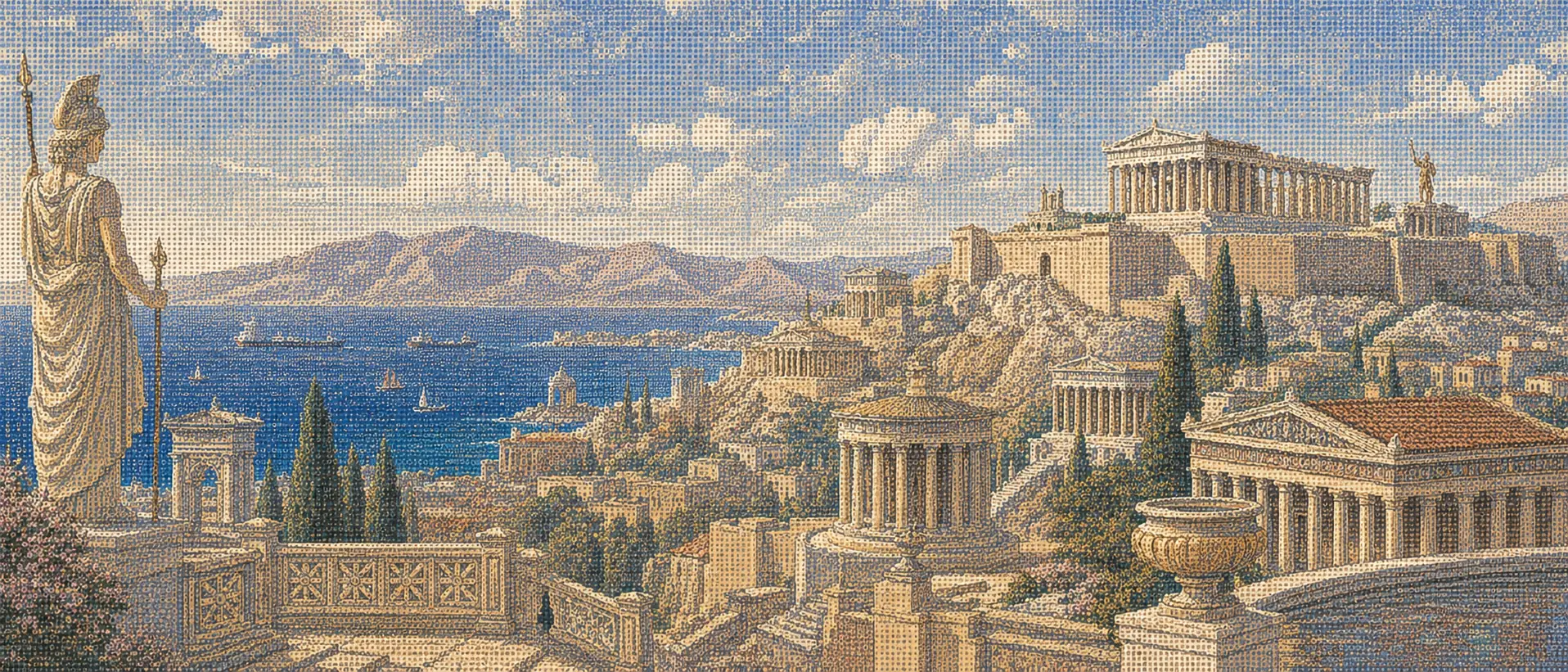 Halftone illustration of classical Athens and the Parthenon